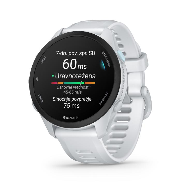 Garmin Forerunner 70, bela športna ura s prikazom variabilnosti srčnega utripa (HRV) in regeneracije.