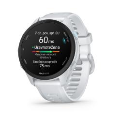 Garmin Forerunner 70, bela športna ura s prikazom variabilnosti srčnega utripa (HRV) in regeneracije.