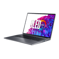 Prenosnik Acer z OLED zaslonom, odprt pod kotom, temno sivo ohišje, črna tipkovnica in barvita grafika