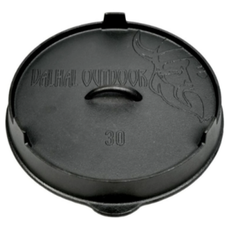 Valhal Outdoor litoželezni pokrov v črni barvi, prikazan od zgoraj z ročajem in reliefnim logotipom.