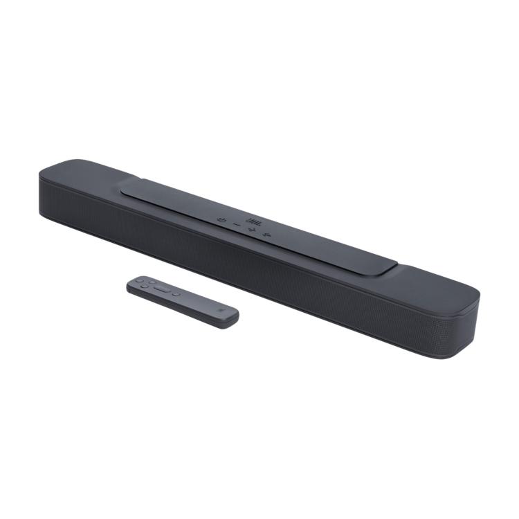 Soundbar JBL BAR 2.0 MK2 zvočna letev z daljinskim upravljalnikom, prikazana pod kotom z leve strani.
