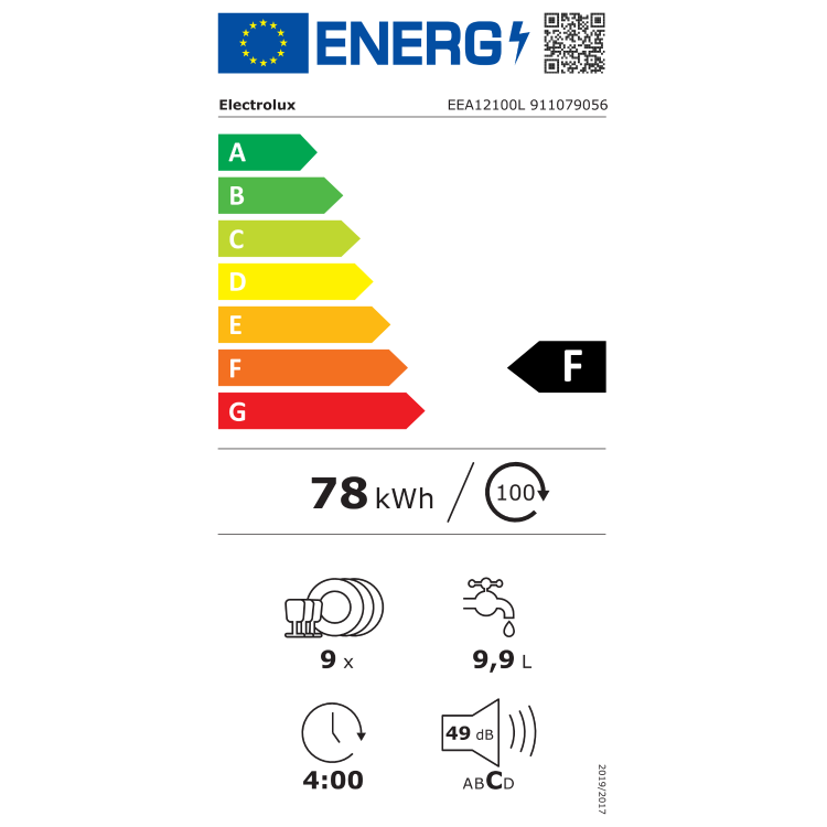  Copilot said: Energijska nalepka za pomivalni stroj Electrolux EEA12100L z energijskim razredom F, porabo 78 kWh na 100 ciklov, kapaciteto 9 pogrinjkov, porabo 9,9 L vode na cikel, trajanjem programa 4:00 h in glasnostjo 49 dB.