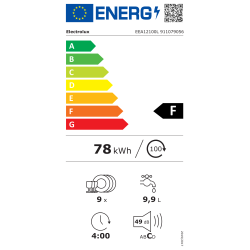 Copilot said: Energijska nalepka za pomivalni stroj Electrolux EEA12100L z energijskim razredom F, porabo 78 kWh na 100 ciklov, kapaciteto 9 pogrinjkov, porabo 9,9 L vode na cikel, trajanjem programa 4:00 h in glasnostjo 49 dB.