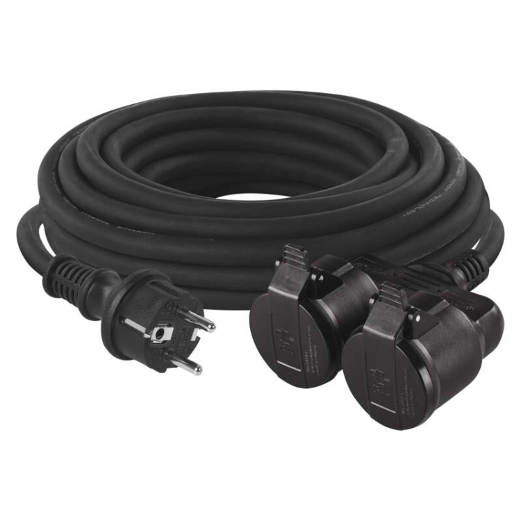 Zunanji podaljšek 10 m / 2 vtičnici / črni / guma / 250 V / 1,5 mm2