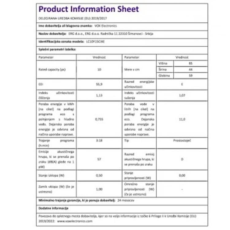 Pomivalni stroj VOX LC 10Y15C IX, E, 10 pogr., 6 programov, 45 cm, inox