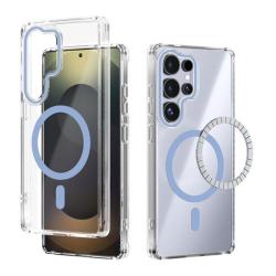 Prosojen zaščitni ovitek za Samsung Galaxy (podoben modelu S21 Ultra) z označenim svetlo modrim magnetnim krogom
