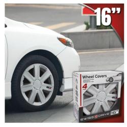 Bel avto s pokrovi 16" ob robu ceste; spredaj škatla Wheel Covers, označena 4 kosa