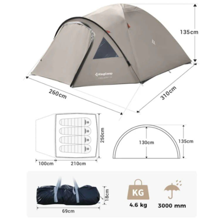 Shema dimenzij kamping šotora KingCamp Holiday IV z označenimi merami, kapaciteto za štiri osebe, težo 4,6 kg in vodnim stolpcem 3000 mm.