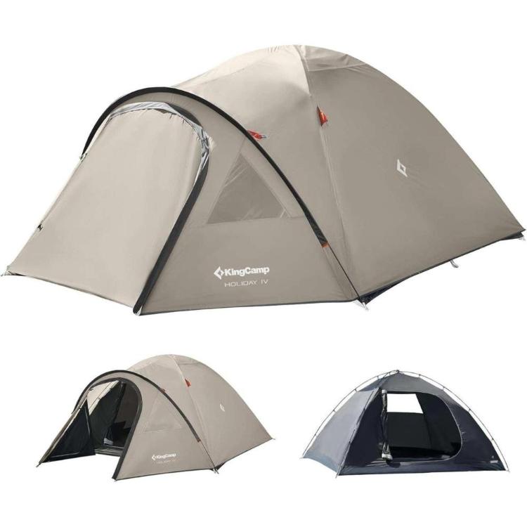 Kamping šotor KingCamp Holiday IV v bež barvi, prikaz treh postavitev šotora z različnimi odprtinami.