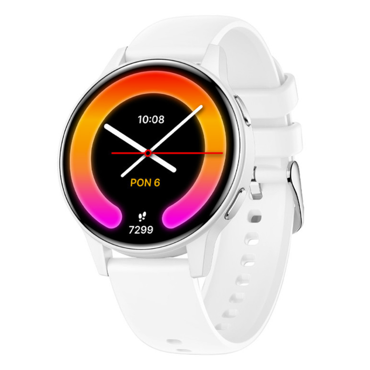 Forever iGO Watch 4 pametna ura v beli barvi, prikazana pod kotom s silikonskim paščkom in okroglim ohišjem.