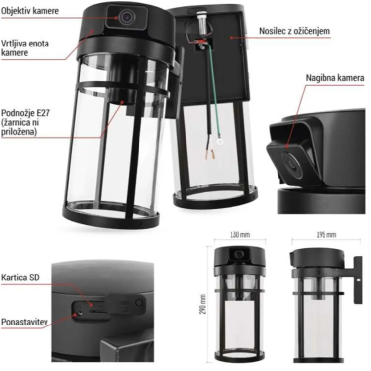 Zunanja vrtljiva kamera in svetilo GoSmart IP-1300 LANTERN, WiFi, črna z odstranjenim ohišjem in prikazom priklopa.