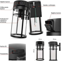 Zunanja vrtljiva kamera in svetilo GoSmart IP-1300 LANTERN, WiFi, črna z odstranjenim ohišjem in prikazom priklopa.