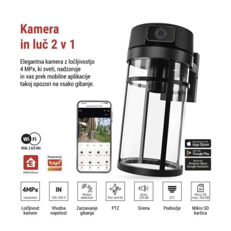Zunanja vrtljiva kamera in svetilo GoSmart IP-1300 LANTERN, WiFi, črna z 4 MP kamero in zaznavanjem gibanja.
