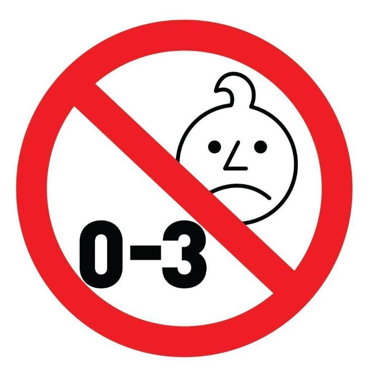 Opozorilni simbol prepovedi za otroke od 0 do 3 let zaradi majhnih delov.