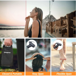 Prenosna solarna tuš vreča KingCamp s tuš ročko in cevjo, pripravljena za kampiranje.