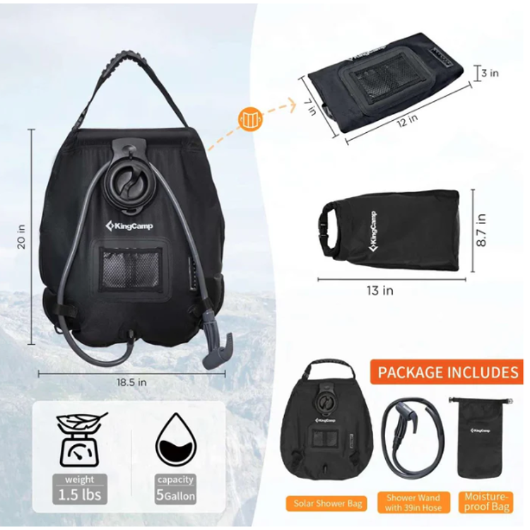 Dimenzije in vsebina kompleta solarne tuš vreče KingCamp, 20‑litrska prostornina z dodatki.