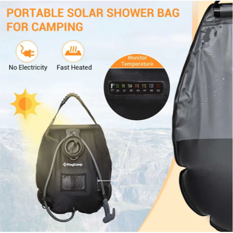 Solarna tuš vreča KingCamp za kampiranje brez elektrike, segrevanje vode na soncu z merilnikom temperature.