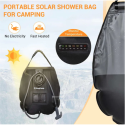 Solarna tuš vreča KingCamp za kampiranje brez elektrike, segrevanje vode na soncu z merilnikom temperature.