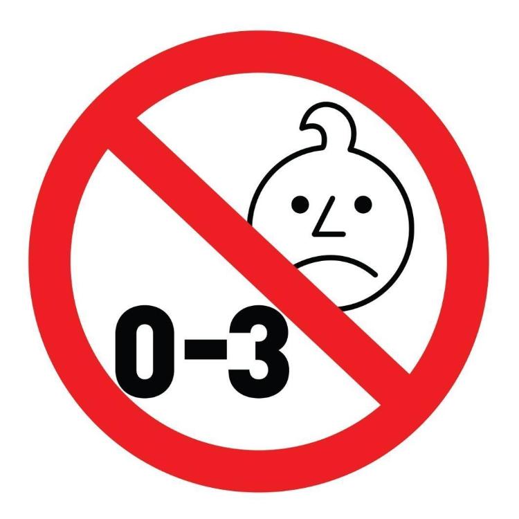 Opozorilni simbol prepovedi za otroke od 0 do 3 let zaradi majhnih delov.