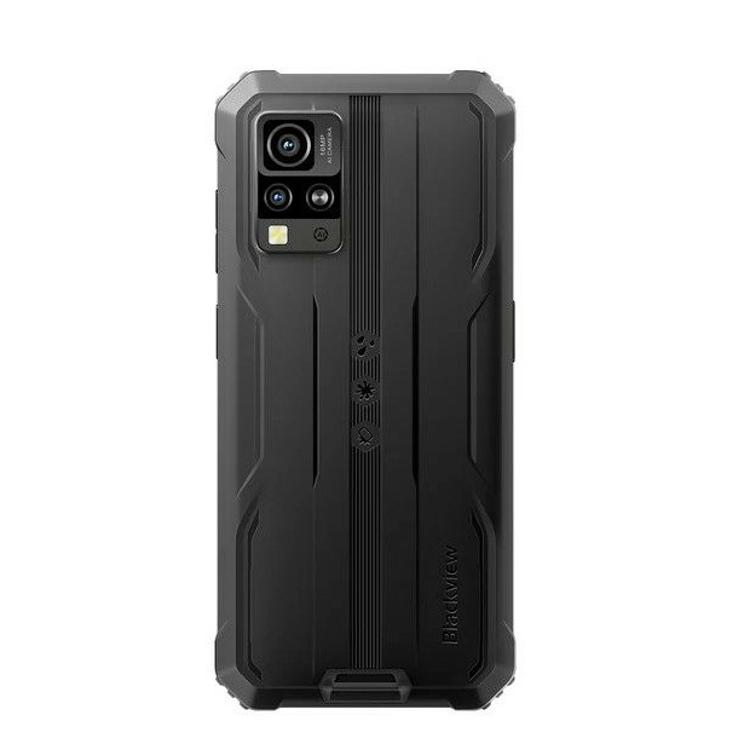 Blackview BV4800 SE: zadnja stran robustnega telefona z več kamerami, LED bliskavico in ojačanim ohišjem.
