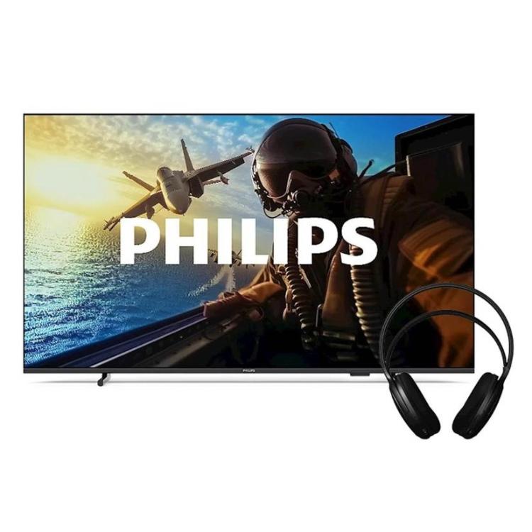 Philips televizor z brezžičnimi slušalkami – Velik Philips TV s prikazom akcijskega prizora in priloženimi brezžičnimi slušalkami.