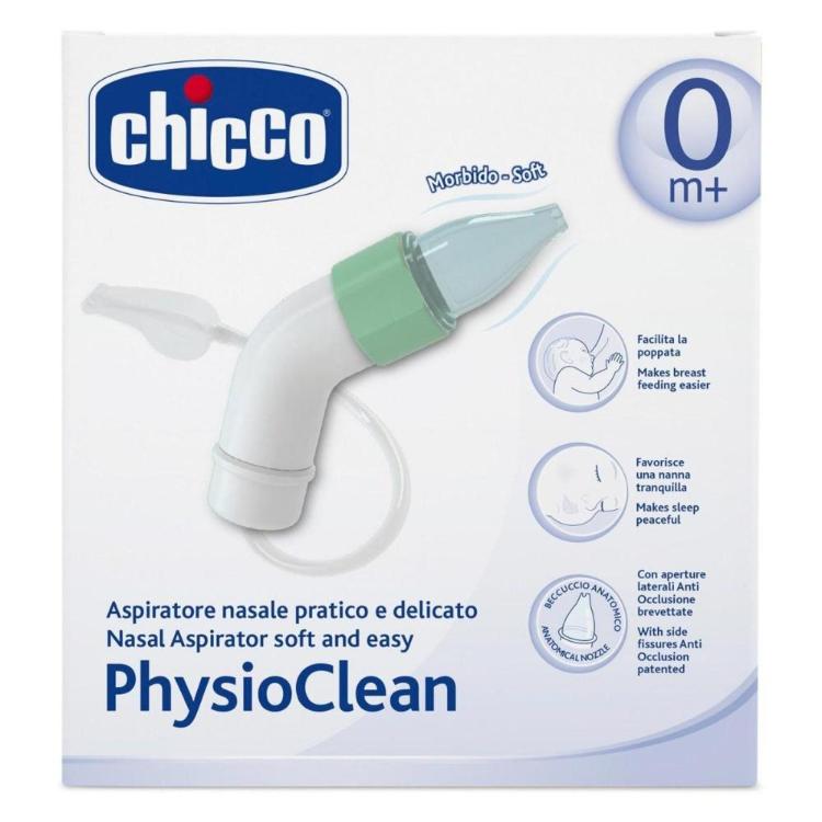 Chicco PhysioClean nosni aspirator za dojenčke, prikazan na embalaži izdelka za nežno čiščenje nosu pri otrocih od rojstva dalje.