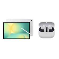 Samsung silver tablica s pisalom S Pen ter bele brezžične slušalke v odprtem etuiju.