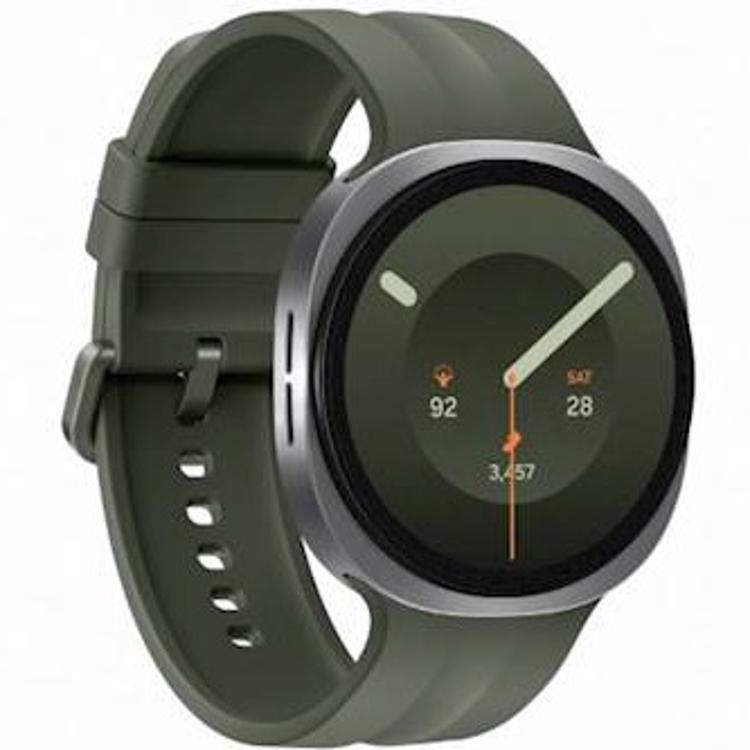 Pametna ura Galaxy Watch 44 mm v srebrni izvedbi z zelenim paščkom združuje eleganten videz, velik zaslon in napredne funkcije za spremljanje zdravja ter aktivnosti.