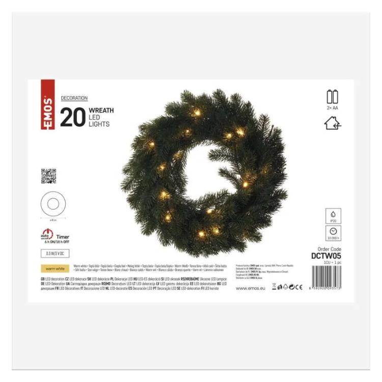 Božični venec LED, 40 cm, 2x AA, notranji, topla bela