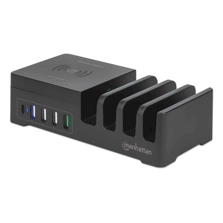 Polnilna postaja za 6 naprav Manhattan, 55 W, 1x USB-C, 4x USB-A, 1x brezžična polnilna plošča Qi_1