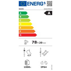 Energetska nalepka EU za pametni telefon Redmi 26062RN92G z energijskim razredom A, avtonomijo baterije 78 ur in 20 minut ter zaščito IP64.