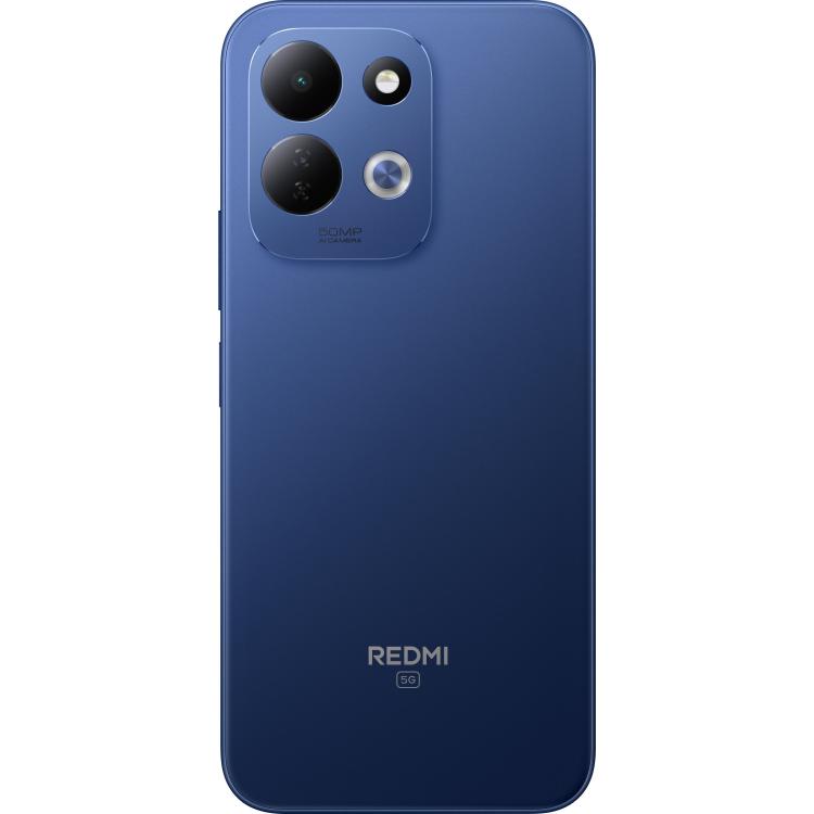 Zadnja stran modrega pametnega telefona Redmi 5G z dvojno 50 MP AI kamero in ravnim ohišjem.