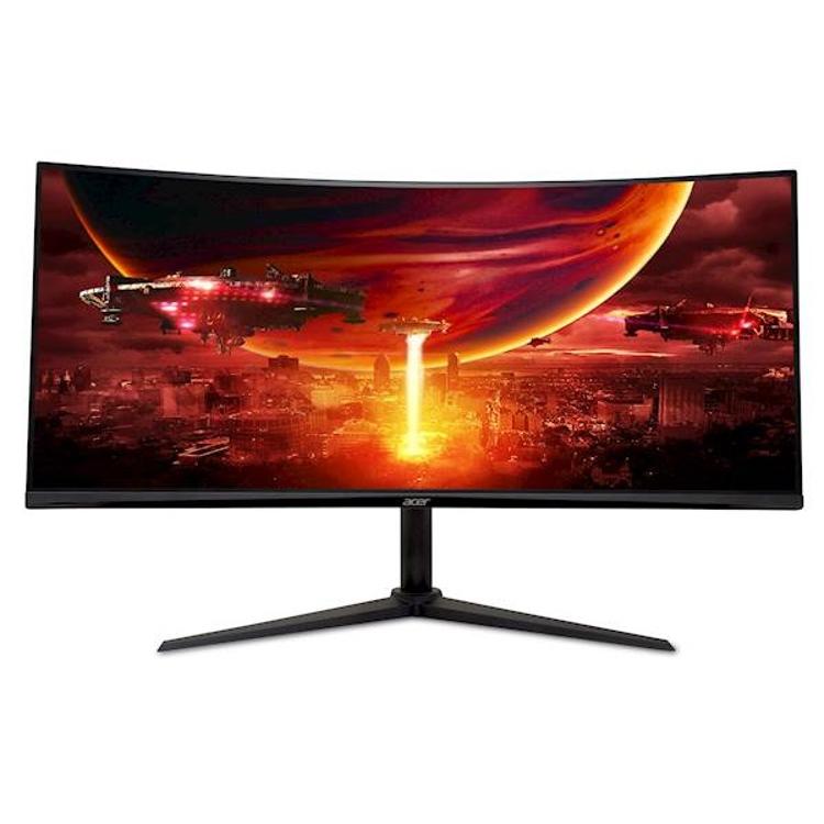 Acer Nitro ukrivljen gaming monitor, sprednji pogled, ultraširok zaslon z igralno grafiko in tankimi robovi.