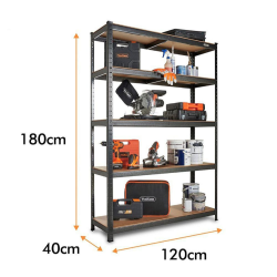 Kovinski regal z lesenimi policami z označenimi dimenzijami 180 × 120 × 40 cm, napolnjen z orodjem.