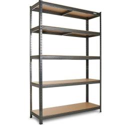 Težki kovinski skladiščni regal s petimi lesenimi policami, samostoječ.