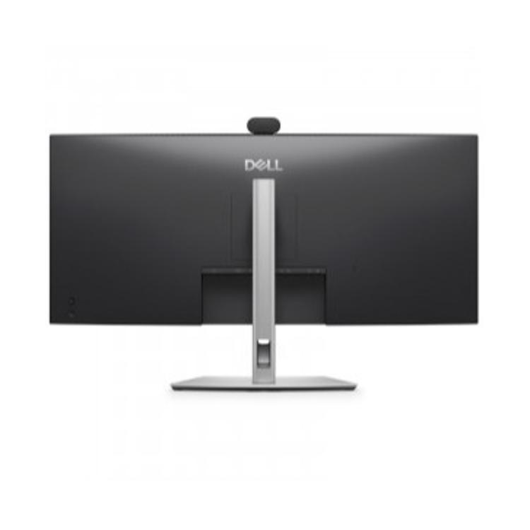 Dell P3425WEB – zadnji pogled na ukrivljen monitor z nastavljivim stojalom, vgrajeno kamero in urejenim sistemom kablov.