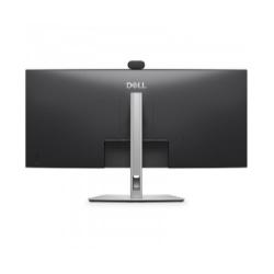 Dell P3425WEB – zadnji pogled na ukrivljen monitor z nastavljivim stojalom, vgrajeno kamero in urejenim sistemom kablov.