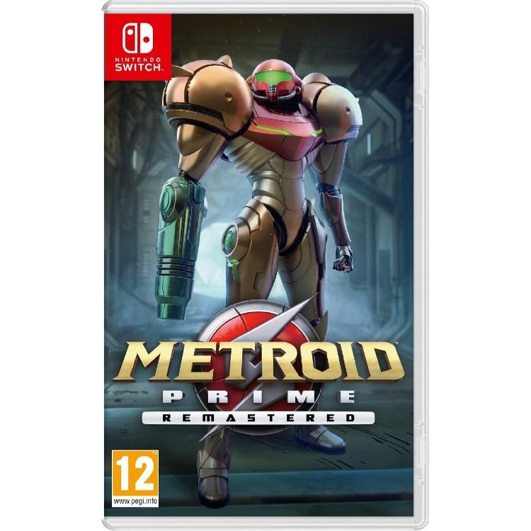 Igra Metroid Prime Remastered za Nintendo Switch v fizični embalaži, z junakinjo Samus Aran v oklepu in oznako PEGI 12.