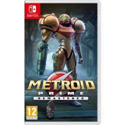Igra Metroid Prime Remastered za Nintendo Switch v fizični embalaži, z junakinjo Samus Aran v oklepu in oznako PEGI 12.