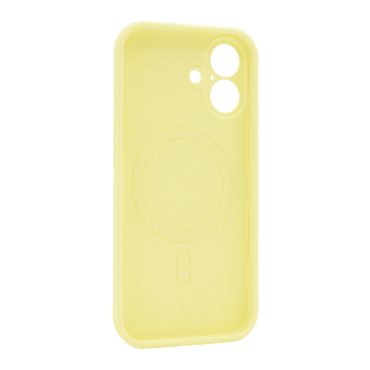 Rumen silikonski ovitek N‑Soft Magnetic za iPhone 17 z vgrajenim MagSafe magnetnim obročem in natančnimi izrezi za kamero.