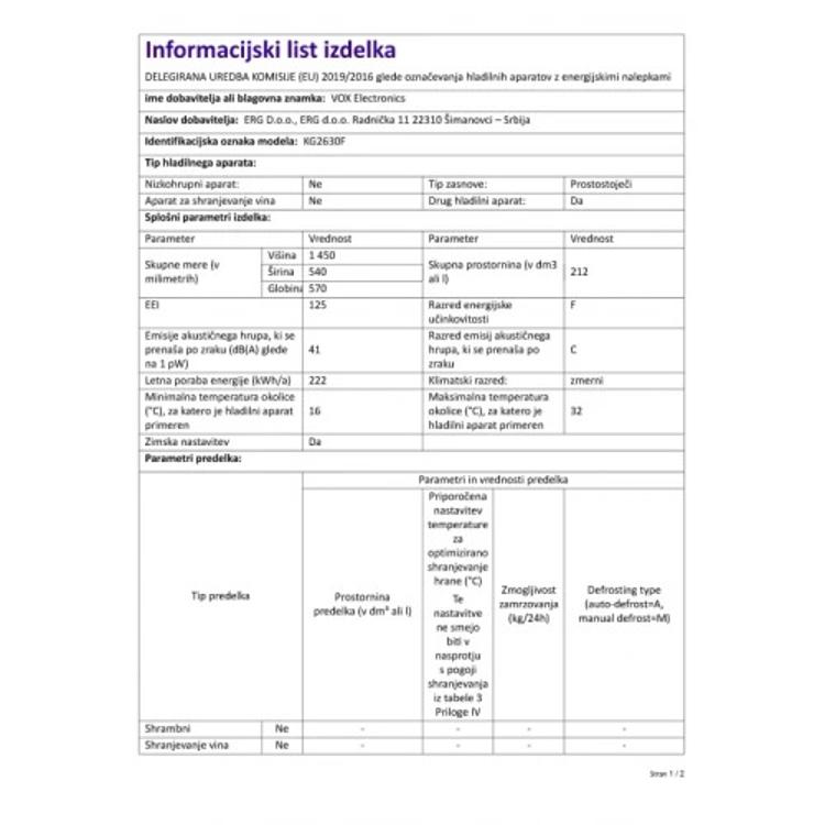 Hladilnik z zamrzovalnikom VOX KG 2630, F, 213 l, 145 cm