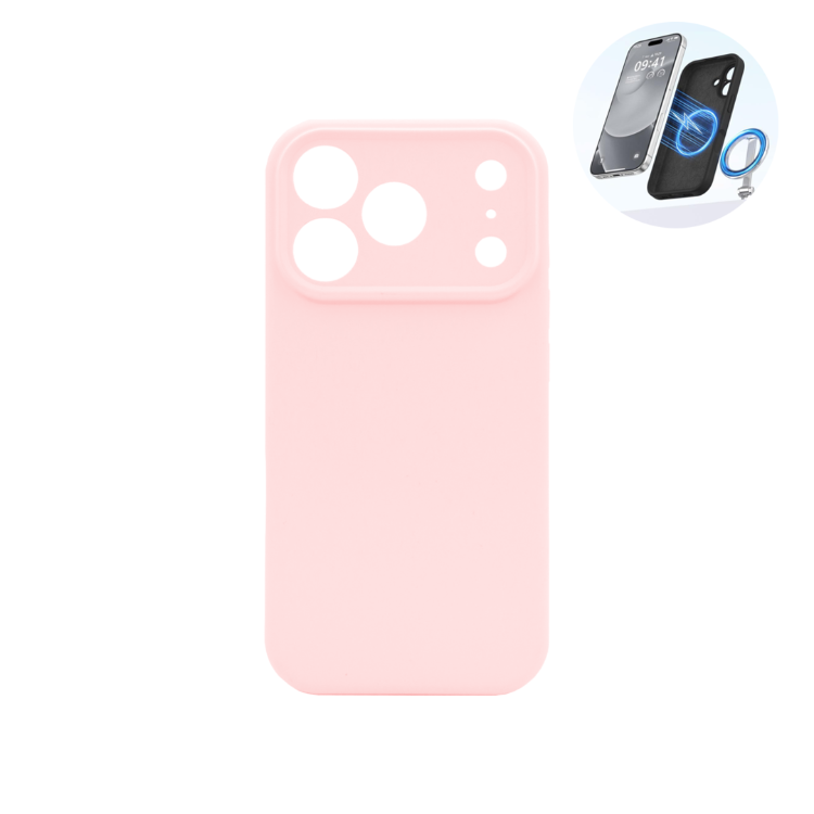 Roza silikonski ovitek N‑Soft Magnetic za iPhone 17 Pro s podporo MagSafe, mehko površino in natančno izdelanimi izrezi za kamere.