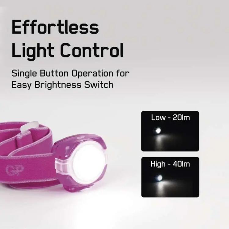 Naglavna LED svetilka GP CH31, 40 lm, 8m, 2× CR2025, roza