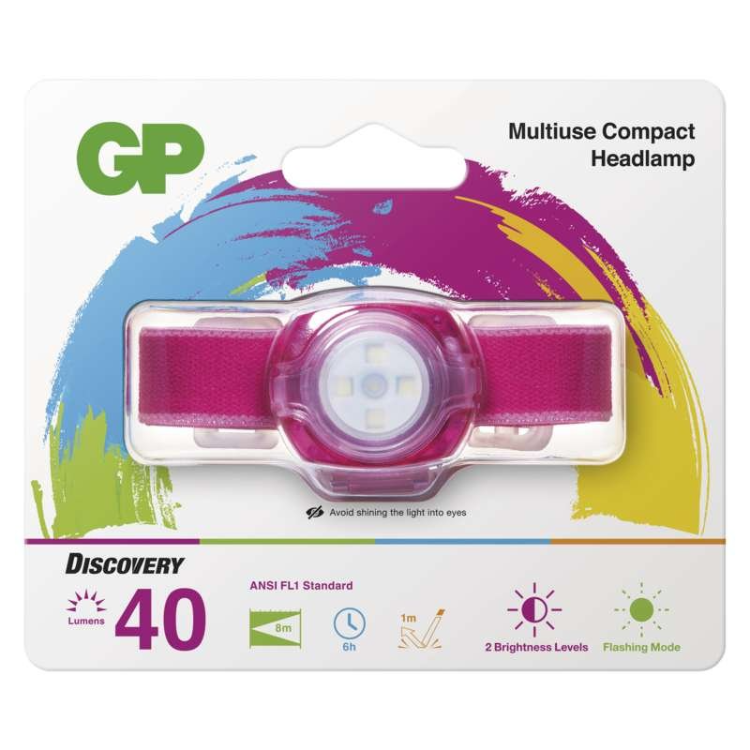 Naglavna LED svetilka GP CH31, 40 lm, 8m, 2× CR2025, roza