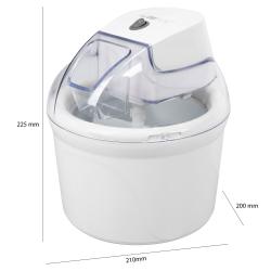 Clatronic aparat za sladoled z označenimi dimenzijami (225 mm višine, 210 mm širine, 200 mm globine)