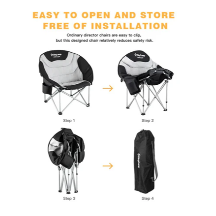 Prikaz zlaganja zložljivega kamping stola KingCamp Moondazer v torbo za shranjevanje.