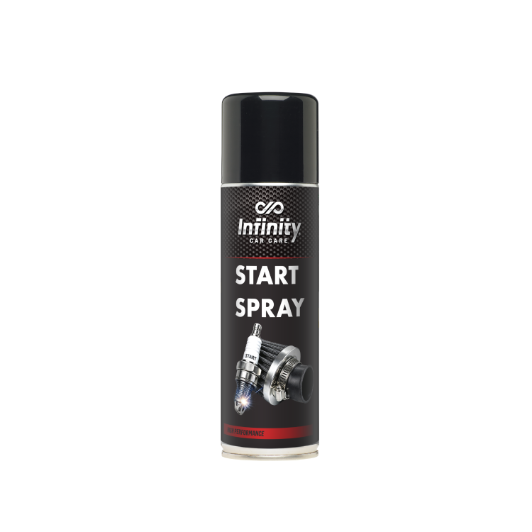 Infinity Car Care Start Spray v aerosolni pločevinki s črnim pokrovčkom, za lažji zagon motorja.