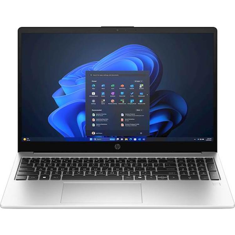 Srebrn HP prenosnik s 15,6-palčnim zaslonom in prikazanim operacijskim sistemom Windows 11.
