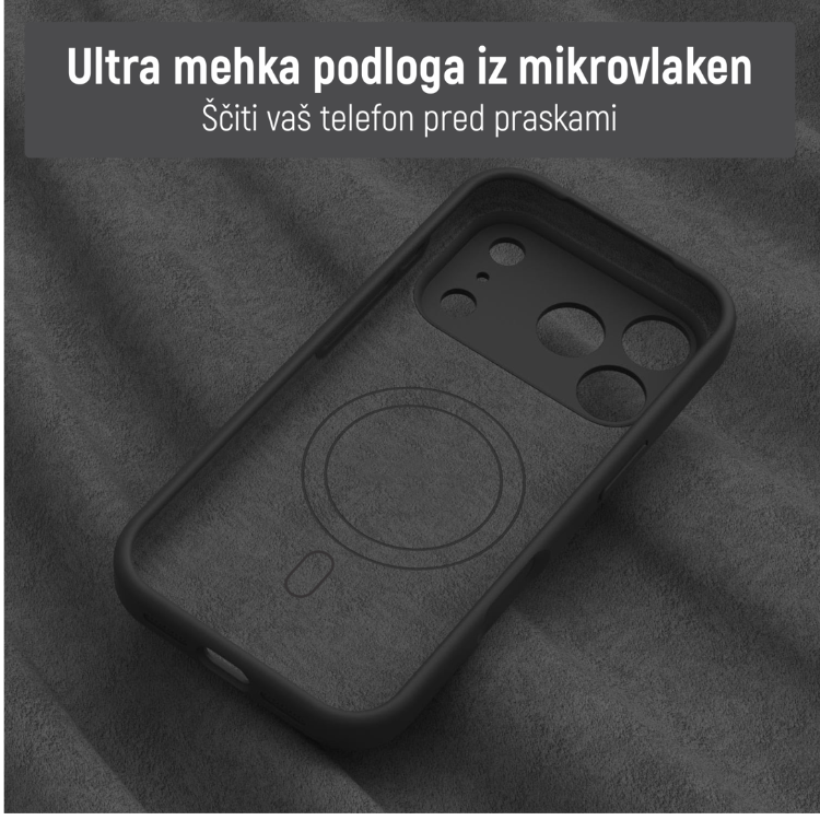 Notranjost ovitka N‑Soft Magnetic z mehko podlogo iz mikrovlaken za zaščito telefona pred praskami.