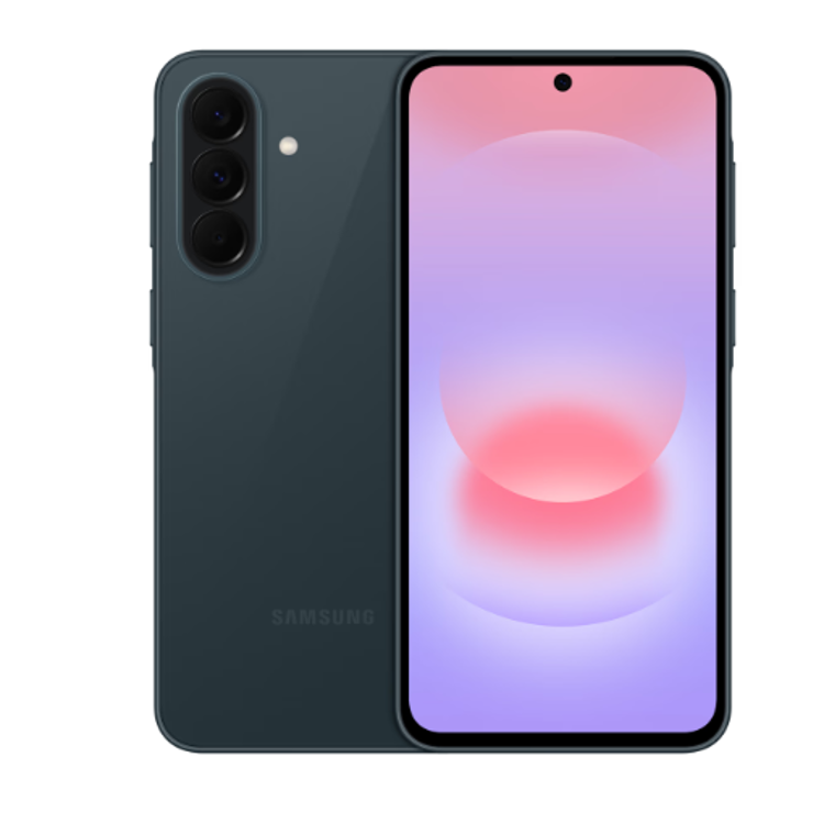 Sprednji in zadnji pogled na telefon Samsung Galaxy v sivo zeleni barvi.